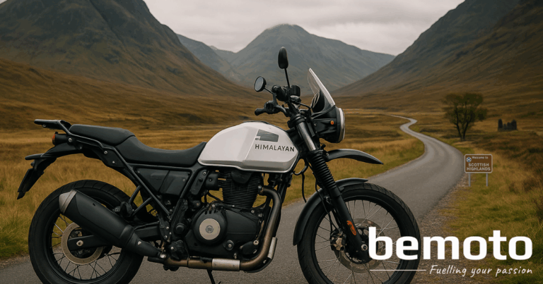 A Royal Enfield Himalayan 450 motorcycle parked beside a narrow road winding through the Scottish Highlands, with dramatic mountains in the distance and a “Welcome to Scottish Highlands” road sign visible. The scene is overcast with muted lighting, creating a rugged and peaceful atmosphere. The image features the BeMoto logo and slogan in the foreground.