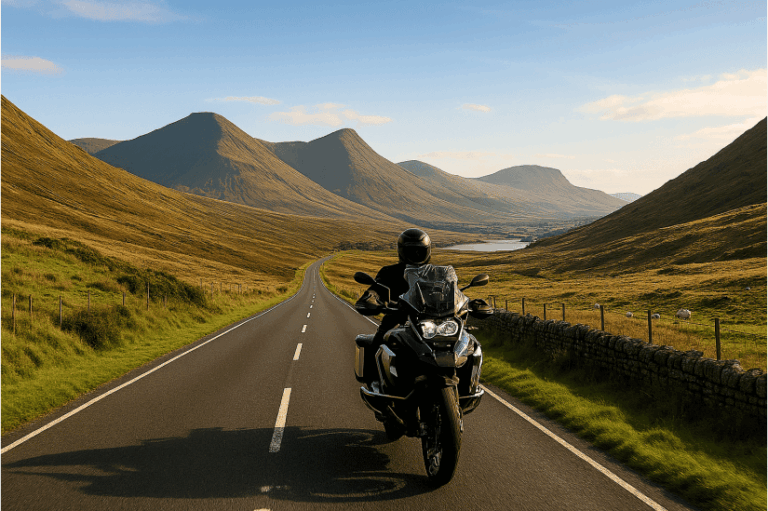 A BMW R1300GS adventure motorbike rides through the Brecon Beacons, with towering highland peaks and a winding road under clear skies. A distant reservoir and soft golden lighting enhance the scene.