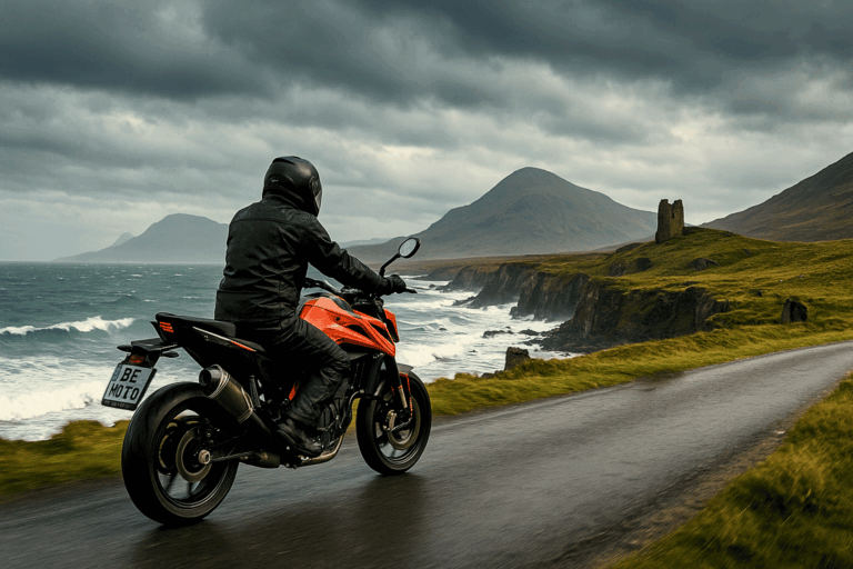 A rider on an KTM Duke hugging a cliffside coastal road, with waves crashing below and the ruins of a castle in the background.