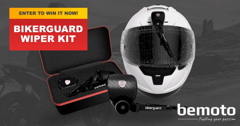 A promotional image of a Bikerguard ultimate wiper kit, showing a motorbike helmet with the automatic visor wiper unit installed above the visor, wiping rain away. The background image is a stormy landscape with a biker riding down a winding coastal road.