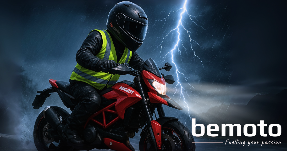 A motorcyclist in black riding gear and a high-visibility yellow vest rides a red Ducati Hypermotard through heavy rain on a stormy night. The rider, wearing a full black helmet, leans forward with the bike’s headlight shining against the dark road. Lightning strikes dramatically in the background sky, while rain pours down and trees bend in the wind. A white BeMoto logo is positioned in the bottom right corner, complete with their strapline: "fuelling your passion".