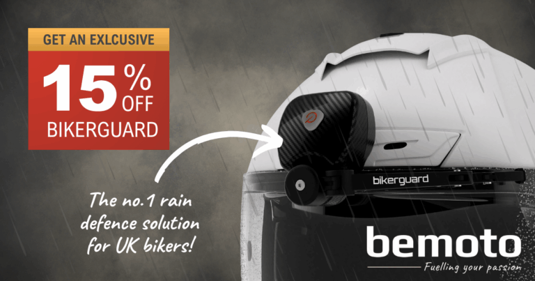BikerGuard visor wiper kit helmet promotion – get 15% off with BeMoto, the no.1 rain defence solution for UK bikers.