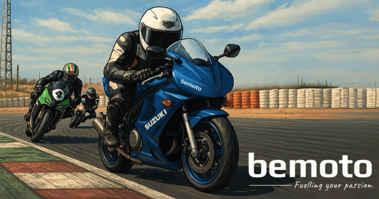 A hyper-realistic cartoon illustration of three motorcyclists racing around a track. The lead rider is on a blue Suzuki SV650S, leaning into a right-hand curve with knee nearly touching the tarmac. The rider is wearing a black and white leather suit with a white Shoei helmet and tinted visor. Behind, two other riders follow closely, one on a green Kawasaki race bike with the number 4 on the fairing, and another on a black and blue bike. The track features green and red kerbs, tyre walls in the background, and a bright blue sky overhead.