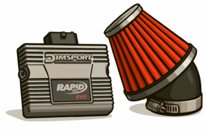 Cartoon-style illustration of a motorcycle performance ECU and air filter. On the left is a grey Dimsport Rapid Bike Evo control unit with ribbed casing and a labelled front panel. On the right is a red cone-shaped air filter attached to a black intake elbow with a metal hose clamp. Both components are rendered with smooth shading, bold outlines and subtle shadows beneath them, giving a semi-realistic 3D effect against a plain white background.