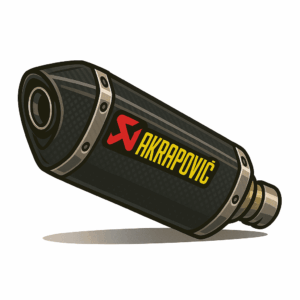 A stylised 3D cartoon illustration of an Akrapovič motorcycle exhaust. The exhaust is shown at an angle, with a carbon fibre body, metallic end caps and the red and yellow Akrapovič logo clearly visible on the side. The shading gives it a semi-realistic look with smooth highlights and contours. A soft shadow sits directly beneath the exhaust, making it appear as though it is resting just above a clean, white surface. The background is completely plain with no additional elements.