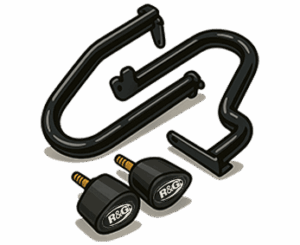 A stylised cartoon-style illustration of a motorcycle crash protection kit. It includes two black tubular crash bars placed above two R&G-style frame sliders. The crash bars are shown in a semi-realistic 3D perspective with smooth highlights and shadows, making them look glossy and metallic. Below them sit the frame sliders with black rubberised ends and gold mounting bolts. Soft, subtle shadows appear directly beneath each component, giving the impression that the parts are resting on a flat surface against a neutral background.
