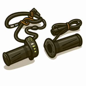 Cartoon-style illustration of a pair of motorcycle heated grips. The left grip has a built-in control module with a green power button and four illuminated heat level indicators. Both grips are connected to black cables, with the wires coiled loosely above them and secured with small orange ties. Soft grey shadows appear beneath the grips, giving the impression they are resting on a surface. The background is plain and uncluttered.