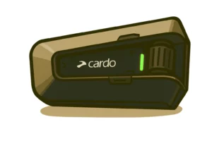 Motorbike helmet intercom system for rider communication, music, and navigation, shown as a compact wireless unit.