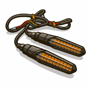 Cartoon-style illustration of a pair of motorcycle LED indicators with attached wiring. The indicators have black housings with transparent lenses showing amber LED segments inside. The wires are coiled loosely above, with visible red, yellow, blue and black internal cables tied with bands. Soft grey shadows beneath the indicators and wiring give a sense of depth, while the background is completely transparent.