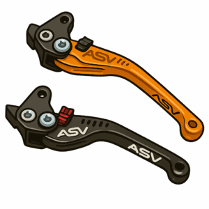 Cartoon-style illustration of two ASV motorcycle brake and clutch levers. The top lever is orange with black mounting hardware, while the bottom lever is black with a red adjuster. Both levers have ASV branding and are shown in a semi-realistic 3D style with smooth shading and bold outlines. There is no background, and no visible shadows beneath the levers.