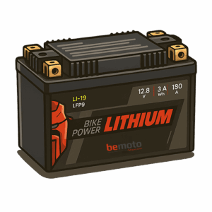 Cartoon-style illustration of a motorcycle lithium battery with BeMoto branding. The battery is dark grey and rectangular with gold-coloured terminal posts on the top. The front label shows specifications including “LI-19 LFP9,” “12.8V,” “3Ah,” “36Wh,” and “180A,” along with the words “Bike Power Lithium” in bold red text. The BeMoto logo appears subtly at the bottom of the label. The image uses soft shading, bold outlines and a light shadow beneath the battery to give it a semi-realistic 3D effect against a plain background.