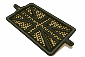 Cartoon-style illustration of a motorcycle radiator guard featuring a Union Jack design. The guard is rectangular with rounded edges and two mounting tabs at either end. The central pattern forms the Union Jack using solid metal strips, while the rest of the surface is made up of evenly spaced circular perforations. The illustration uses dark grey and gold tones with soft shading to create a semi-realistic metallic appearance. A subtle shadow beneath the guard makes it appear as if it is resting on a surface, with no background behind it.