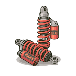 Cartoon-style illustration of a pair of Öhlins motorcycle rear suspension shocks. One shock is standing upright while the other lies in front of it. Both feature red springs, grey mounting points and metallic bodies, with the Öhlins logo displayed on the reservoirs. Soft shadows beneath the components make them appear as if resting on a surface, with no background behind them.