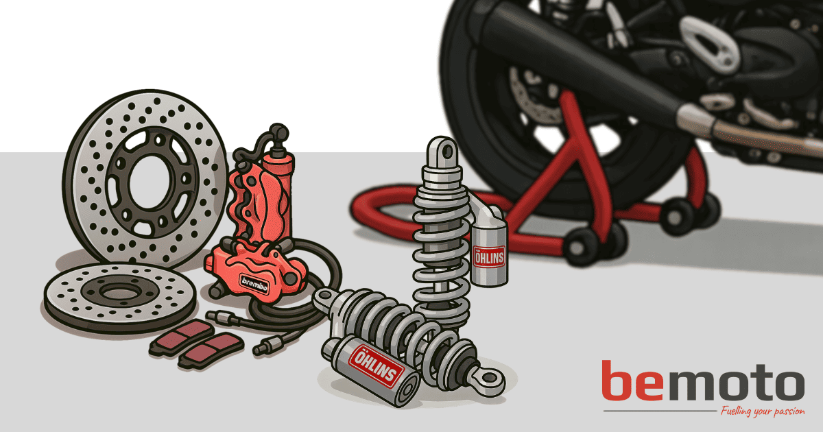 Cartoon-style illustration showing motorcycle modifications laid out in front of a bike on a paddock stand. On the left are two perforated brake discs, a red Brembo brake caliper with attached hose, and two sets of brake pads. In the centre are two Öhlins rear shocks, one standing upright and the other lying down. In the background, part of a motorcycle rear wheel and red paddock stand is visible. The scene has a light grey floor and white background, with the BeMoto logo in the bottom right corner and the tagline “Fuelling your passion.”