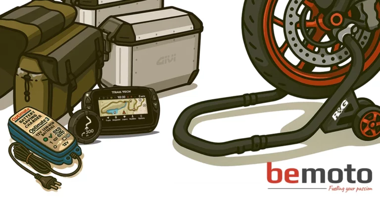 Illustration of essential motorbike accessories including luggage panniers, GPS navigation unit, battery charger, paddock stand, and security lock.