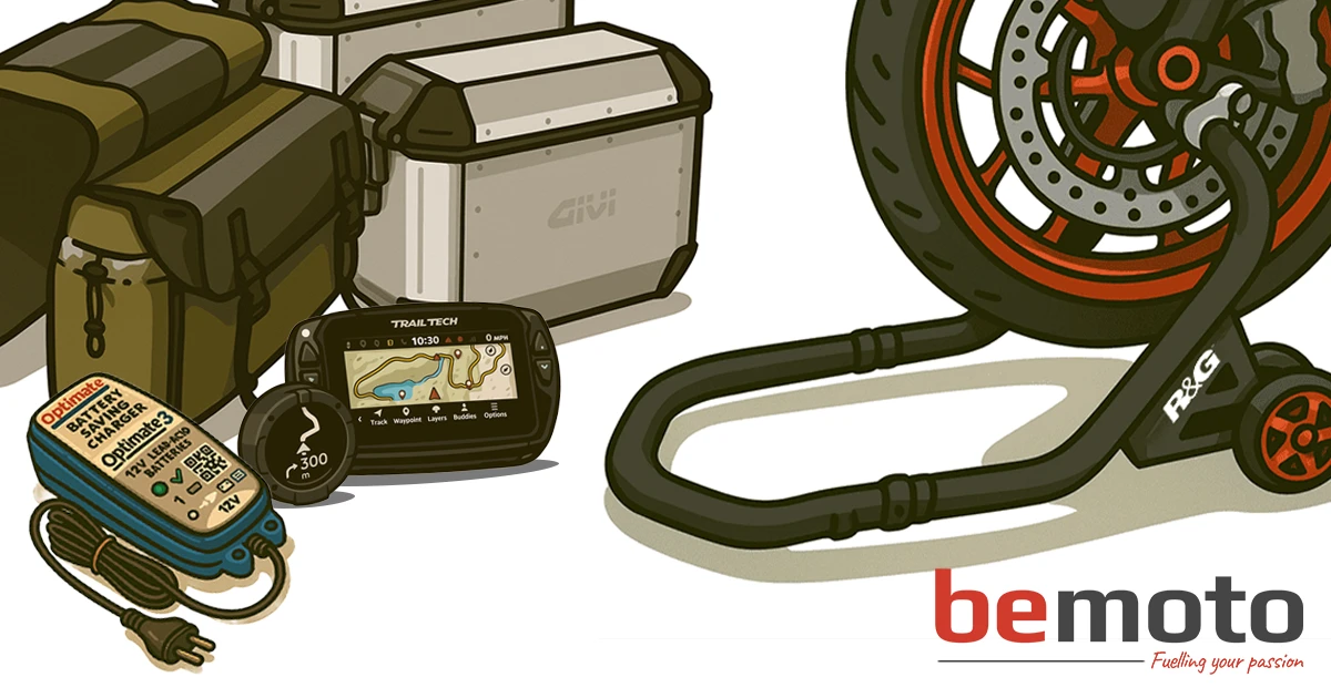 Illustration of essential motorbike accessories including luggage panniers, GPS navigation unit, battery charger, paddock stand, and security lock.