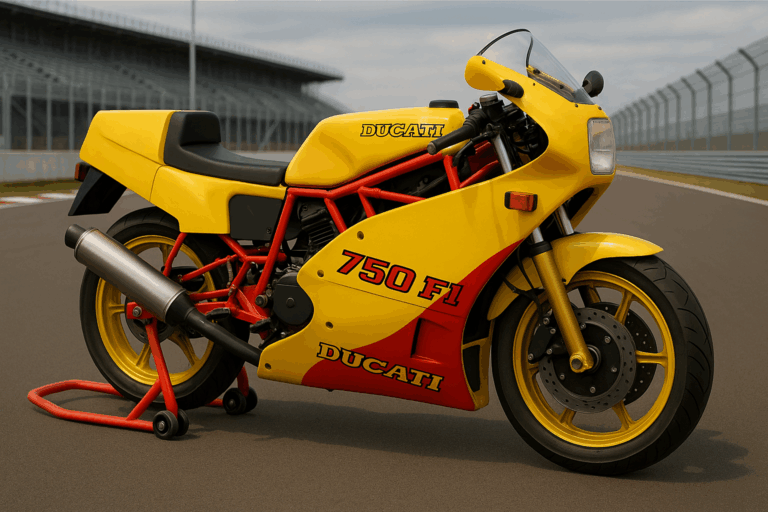 A yellow Ducati 750 F1 motorcycle is parked on a racetrack paddock stand. It features red frame tubing, red and black graphics, a boxy front fairing with a rectangular headlight, cast alloy wheels and a single exhaust. The background shows circuit fencing and grandstands under a cloudy sky.