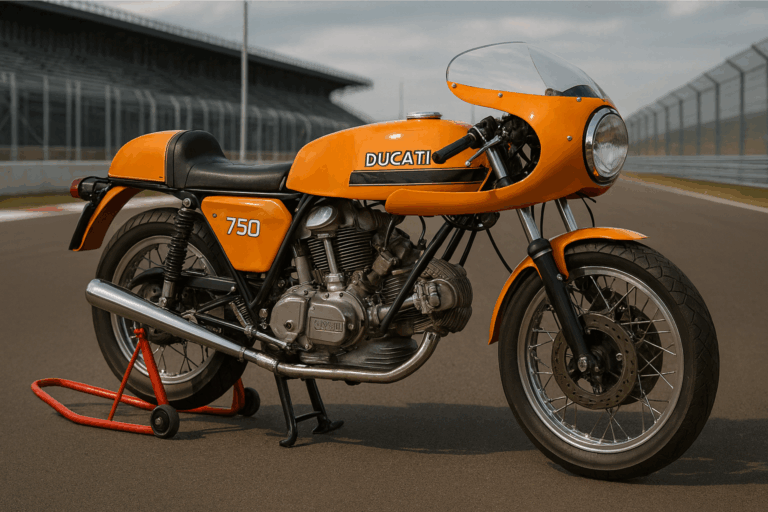 A vintage Ducati 750 motorcycle in orange is parked on a racetrack paddock stand. It has a classic fairing with a round headlight, wire-spoked wheels, a twin-cylinder engine and period-correct chrome exhausts. The background shows circuit fencing and grandstands under an overcast sky.
