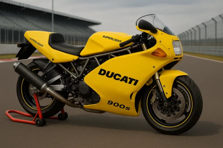 A yellow Ducati 900 Superlight 900 S is parked on a racetrack paddock stand. It has a full fairing with black “DUCATI” and “900 S” graphics, a trellis frame, a single exhaust, cast wheels with yellow rim stripes and a compact seat unit. Circuit fencing and grandstands sit in the background under a cloudy sky.