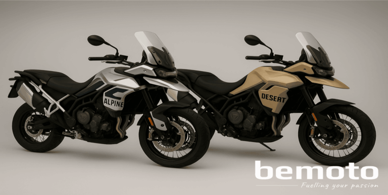 Triumph Tiger 900 Alpine and Desert edition adventure motorcycles displayed side-by-side, showing off-road styling, tall screens, and rugged design.