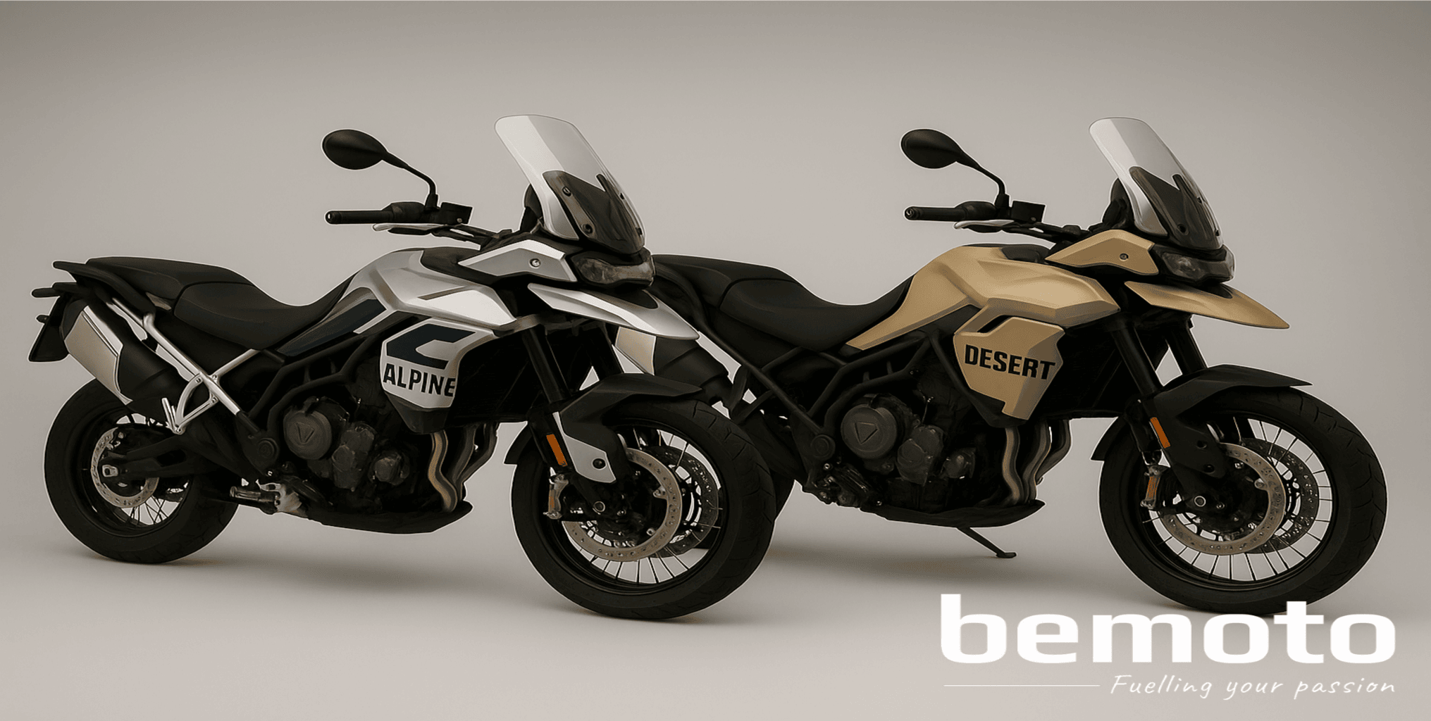 Triumph Tiger 900 Alpine and Desert edition adventure motorcycles displayed side-by-side, showing off-road styling, tall screens, and rugged design.