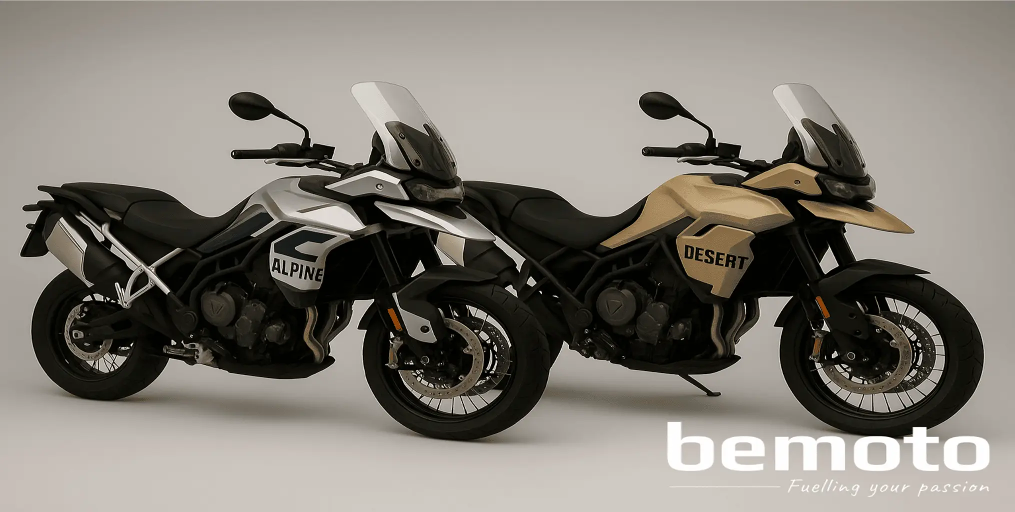 Triumph Tiger 900 Alpine and Desert edition adventure motorcycles displayed side-by-side, showing off-road styling, tall screens, and rugged design.