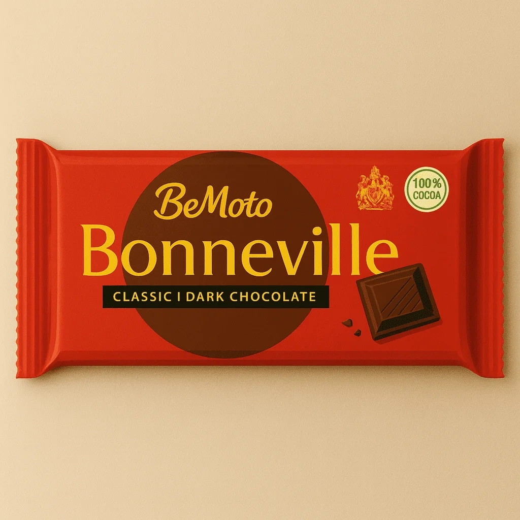 BeMoto Bonneville dark chocolate bar in red packaging, motorcycle inspired novelty chocolate gift.