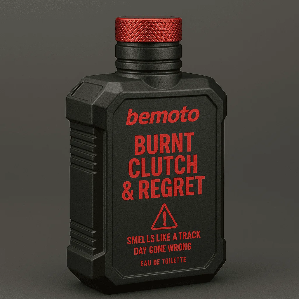 BeMoto burnt clutch and regret eau de toilette bottle, humorous motorbike themed fragrance with warning style label.