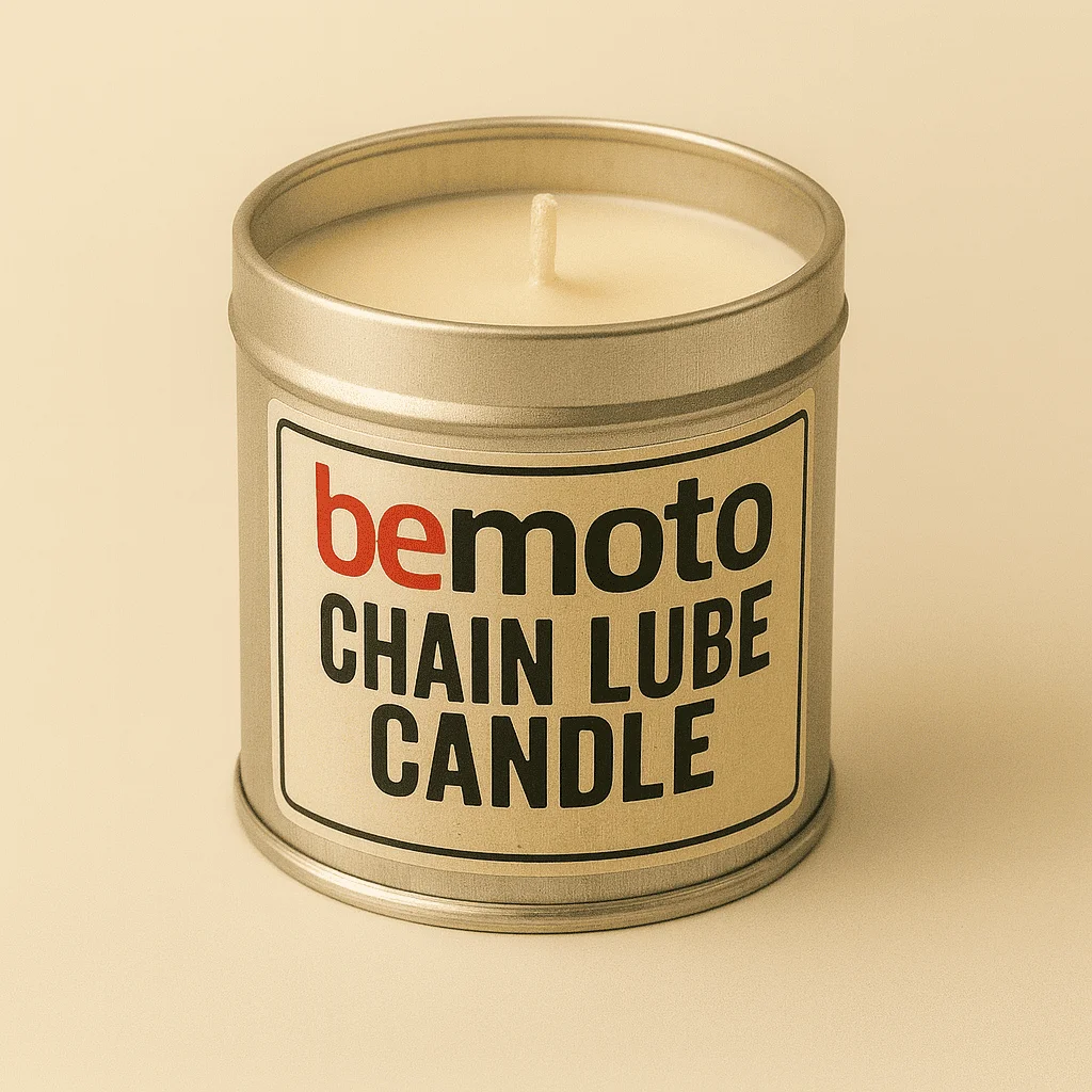 BeMoto chain lube scented candle in metal tin, novelty motorbike maintenance inspired home candle.