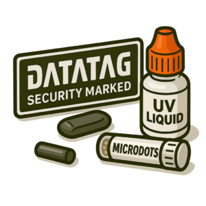 Datatag motorbike marking kit illustration showing UV liquid, microdot identifiers and security marking label, used as a motorbike security essential to deter theft and aid recovery.