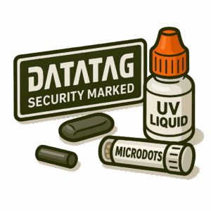 Datatag motorbike marking kit illustration showing UV liquid, microdot identifiers and security marking label, used as a motorbike security essential to deter theft and aid recovery.