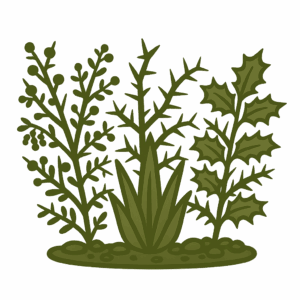 Thorny defensive landscaping illustration showing pyracantha, berberis, holly and spiky plants used as motorbike security deterrents, displayed in a flat olive-green asset style with a transparent background.