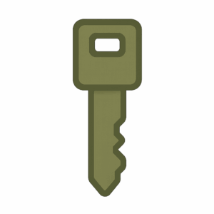 Stylised digital illustration of a dummy motorbike key in olive green with clean outlines, designed as a decoy security asset on a transparent background.