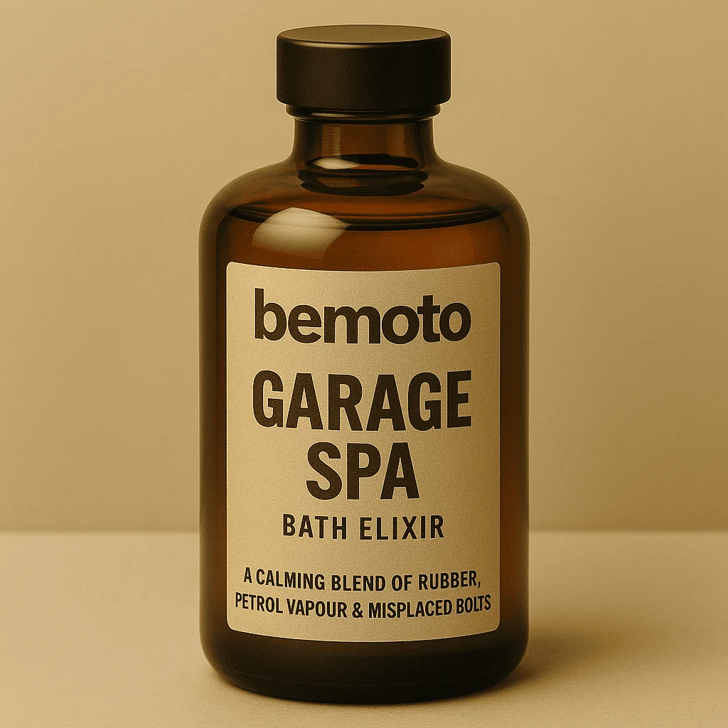 BeMoto garage spa bath elixir bottle, humorous biker themed bath product inspired by petrol, rubber and garage smells.