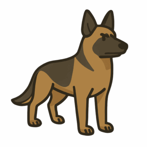 Stylised cartoon illustration of a German Shepherd guard dog standing alert, shown in a flat security-themed art style with a transparent background.