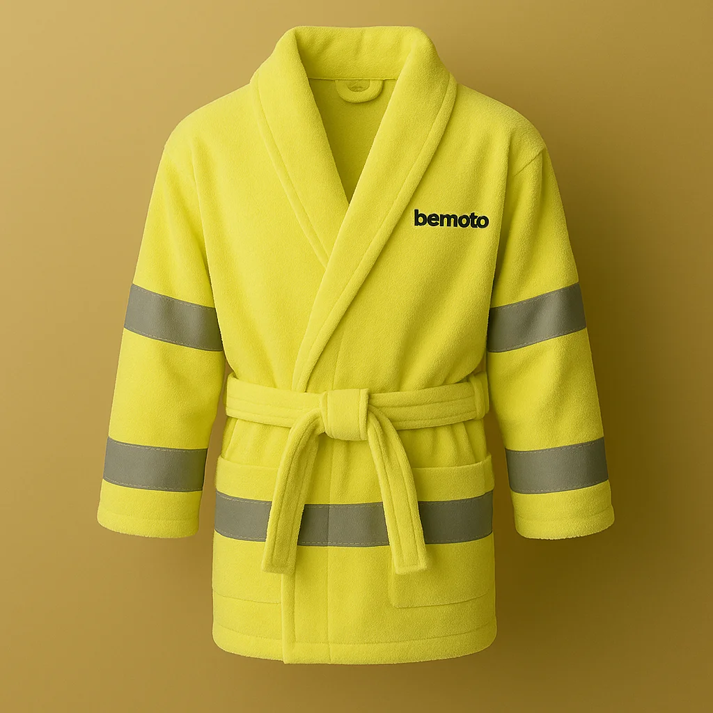 High visibility yellow bath robe with reflective stripes and BeMoto branding, novelty motorbike inspired dressing gown for riders.