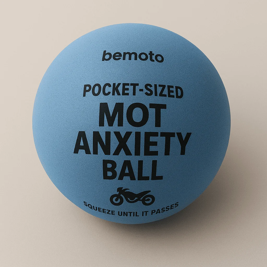 Blue BeMoto pocket sized MOT anxiety stress ball with motorbike graphic, novelty gift for nervous MOT season.