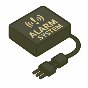 Motorbike alarm system illustration showing an electronic security unit with alert symbol, used as a key motorbike security essential to deter theft and trigger intrusion warnings.