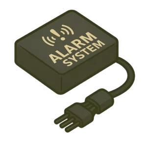 Motorbike alarm system illustration showing an electronic security unit with alert symbol, used as a key motorbike security essential to deter theft and trigger intrusion warnings.