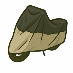 Motorbike cover illustration showing a fully covered motorcycle, highlighting a key motorbike security essential used to conceal the bike and deter theft.