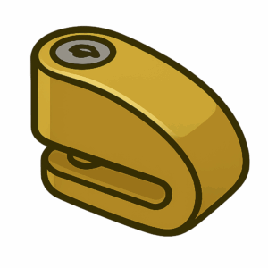 Motorbike disc lock illustration, a key motorbike security essential used to immobilise wheels and deter theft with a compact locking mechanism.