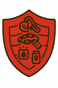 Red shield illustration representing multiple layers of motorbike security essentials, featuring icons for chains, locks, alarms and GPS tracking to show combined theft protection.