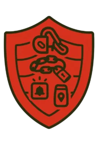 Red shield illustration representing multiple layers of motorbike security essentials, featuring icons for chains, locks, alarms and GPS tracking to show combined theft protection.