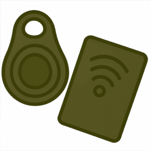 Cartoon-style illustration of a passive RFID motorbike immobiliser showing a fob and RFID card in dark olive tones, used for motorcycle security and keyless anti-theft protection.