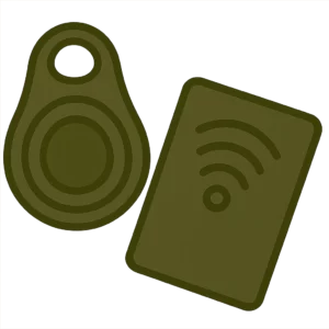 Cartoon-style illustration of a passive RFID motorbike immobiliser showing a fob and RFID card in dark olive tones, used for motorcycle security and keyless anti-theft protection.