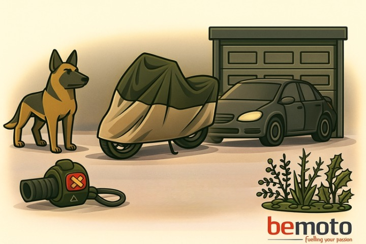 Illustration of motorbike security hacks showing a German Shepherd guard dog, a covered motorcycle, a car blocking a garage, handlebar horn tape, and defensive thorny plants, all styled in a flat cartoon design for a BeMoto motorbike security guide.