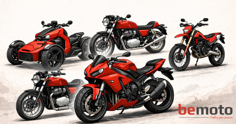 remium illustration of different motorbike types including sport bike, cafe racer, adventure motorcycle, and three-wheel trike