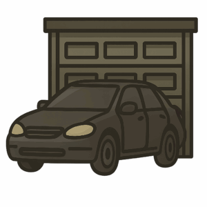 Illustration of a car parked directly in front of a closed garage door, shown in a flat, stylised art style with a transparent background, used to demonstrate a motorbike security tactic of blocking access with a vehicle.