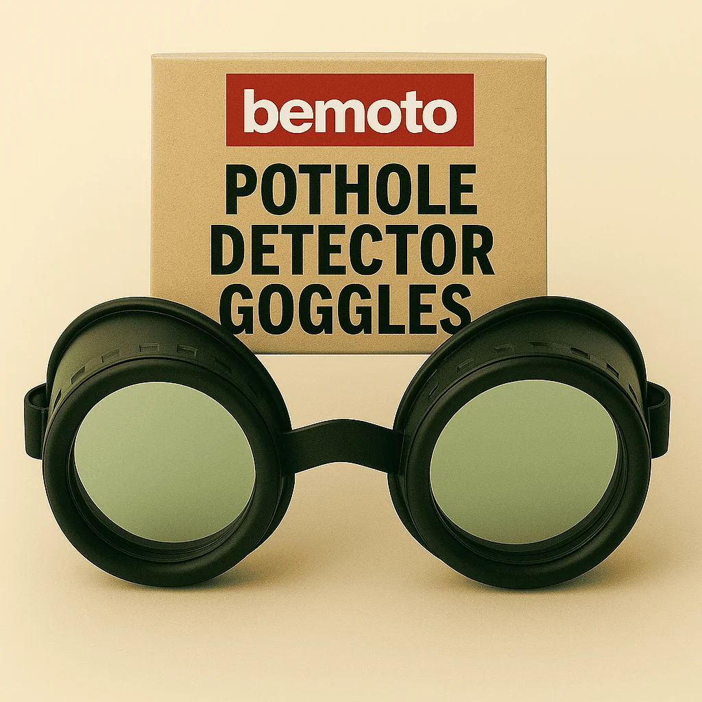 Pair of BeMoto pothole detector goggles displayed in front of branded box, satirical motorbike safety themed novelty gift.