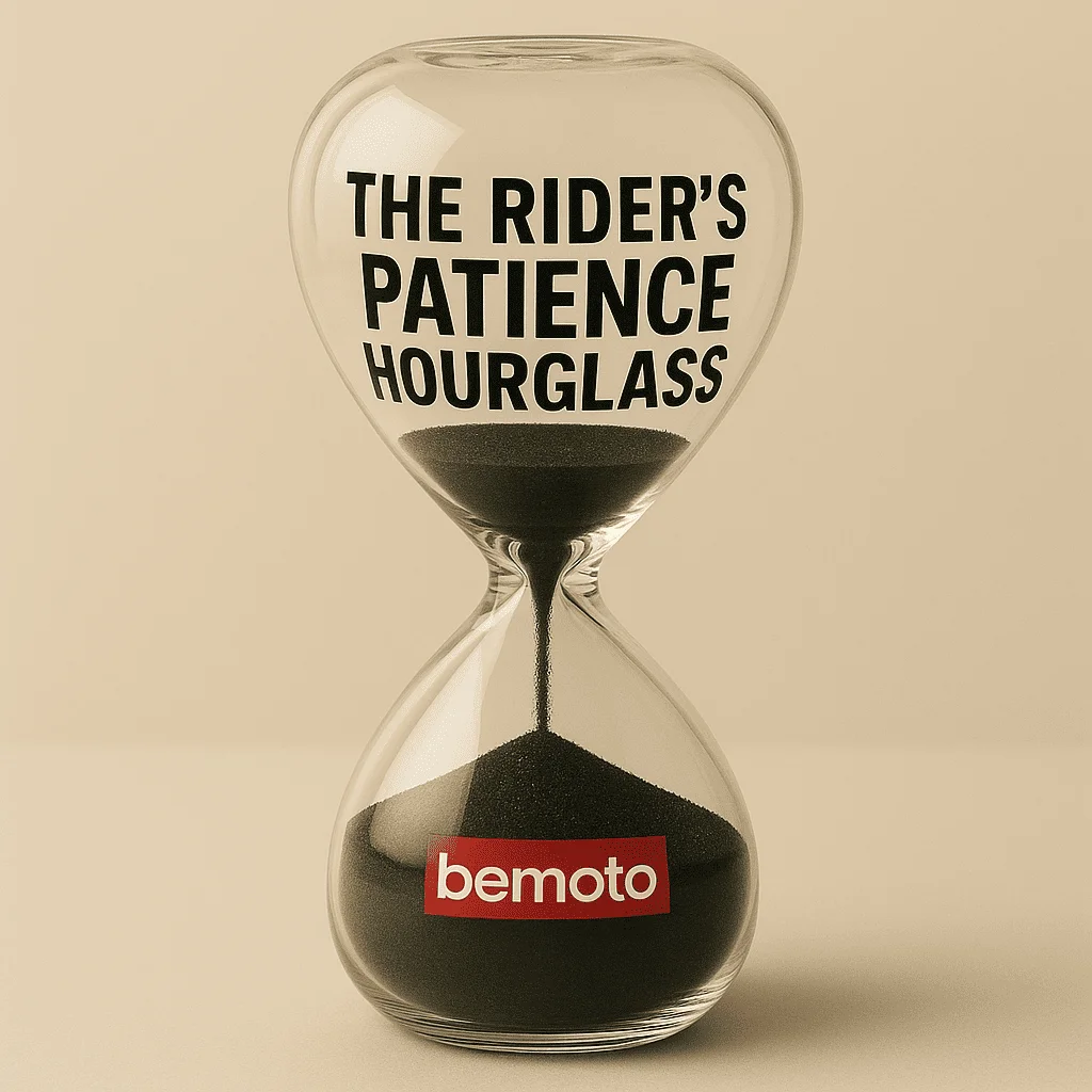 Glass hourglass labelled the rider’s patience by BeMoto, humorous biker themed desk accessory representing waiting time.